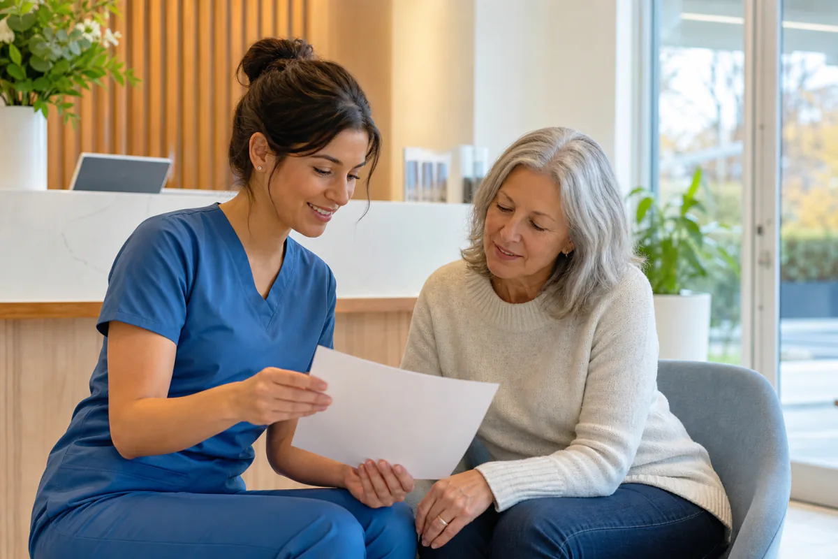 A dental team member helping a patient understand her visit details