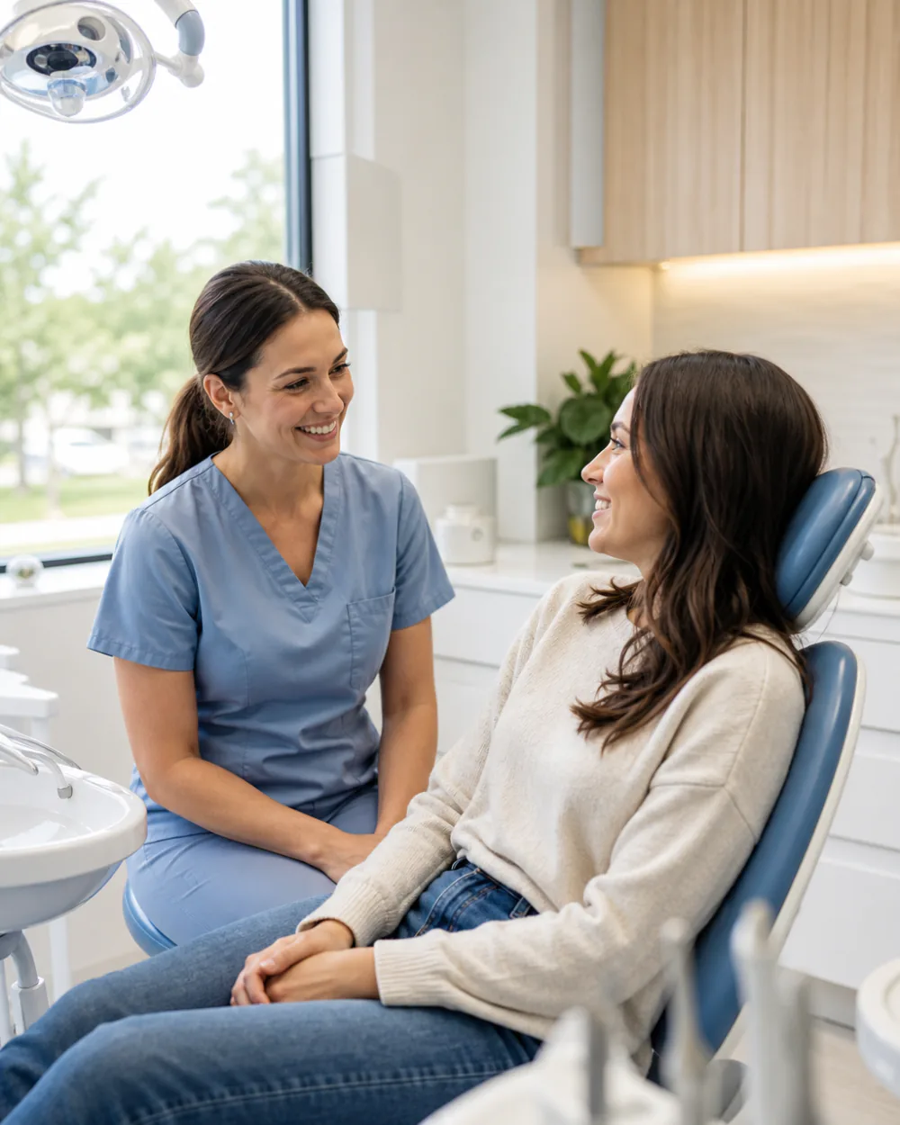 A dental professional having a friendly conversation with a patient